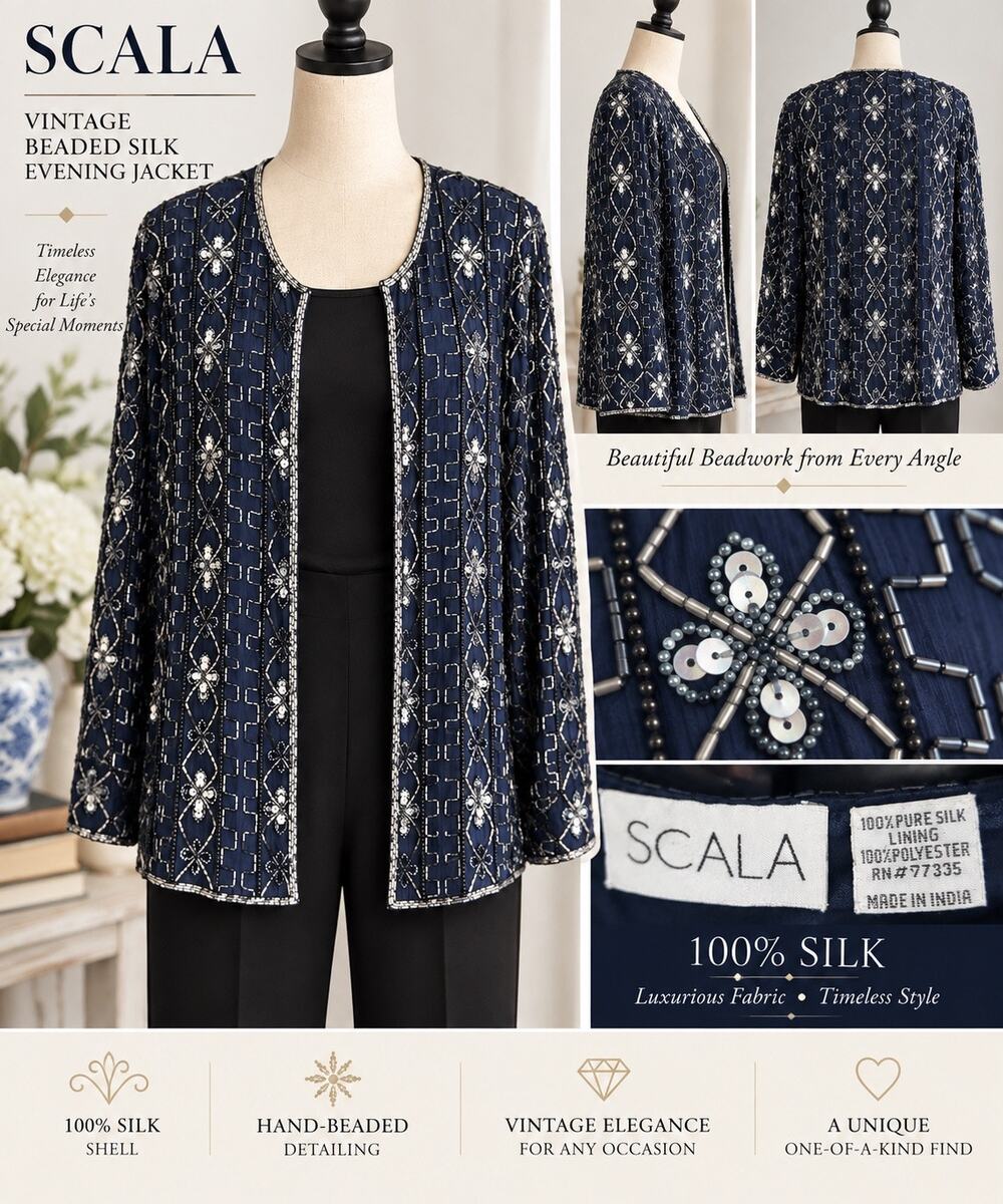 Vintage SCALA Navy Silk Beaded Sequin Evening Jacket Art Deco